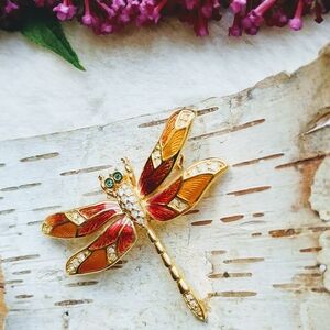 Vintage cloisonne & crystal gold tone dragonfly brooch, whimsigothic, fairy core